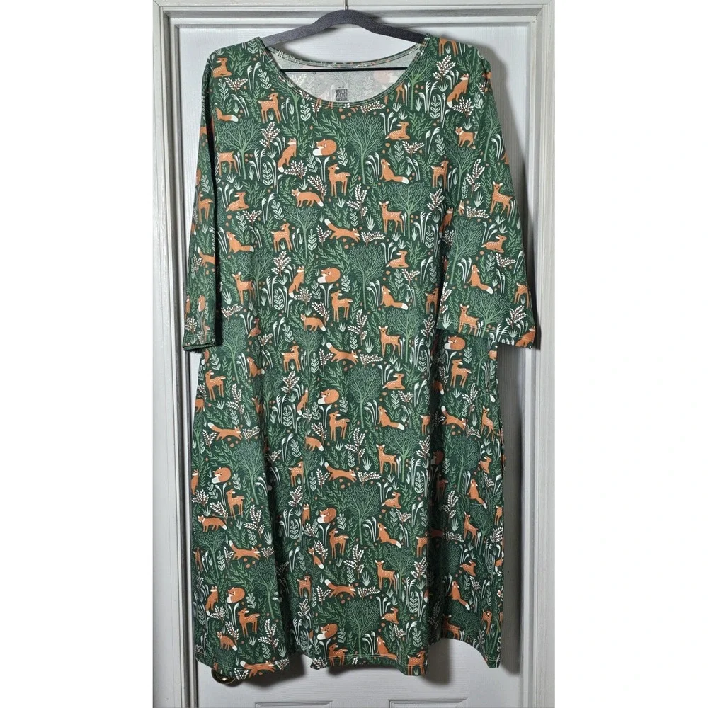 Winter Water Factory Helsinki Deer & Foxes Dress‎ XXXL 3XL Green NWOT 3/4 Sleeve